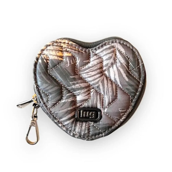 Lug Heart Shaped Clip On‎ Coin Purse Gray Botanical Print Zip Around - Picture 1 of 4
